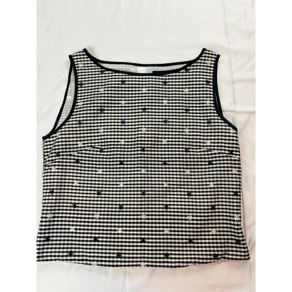 Anne Carson 100% Silk Gingham Check Tank Top S Black White Floral Embroidered